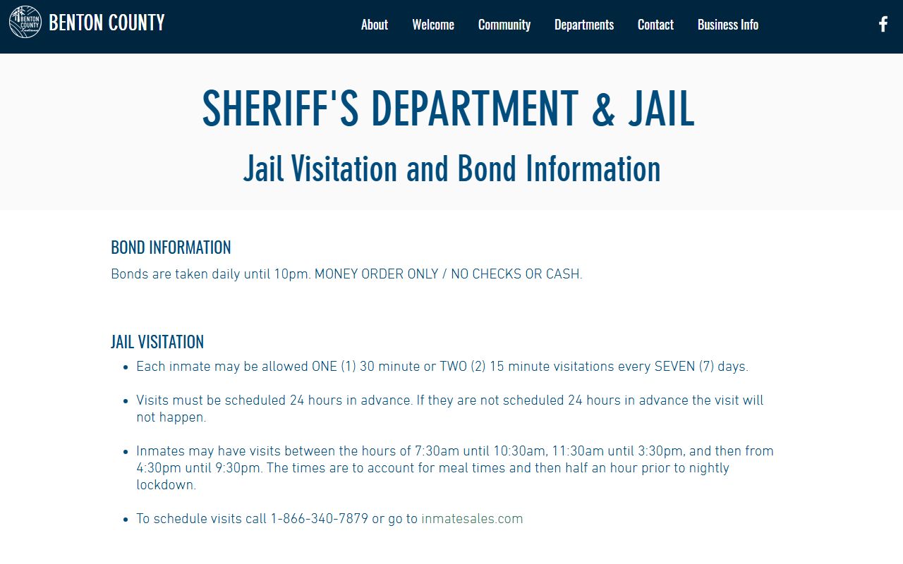 Benton County Jail visitation and bond information for inmates